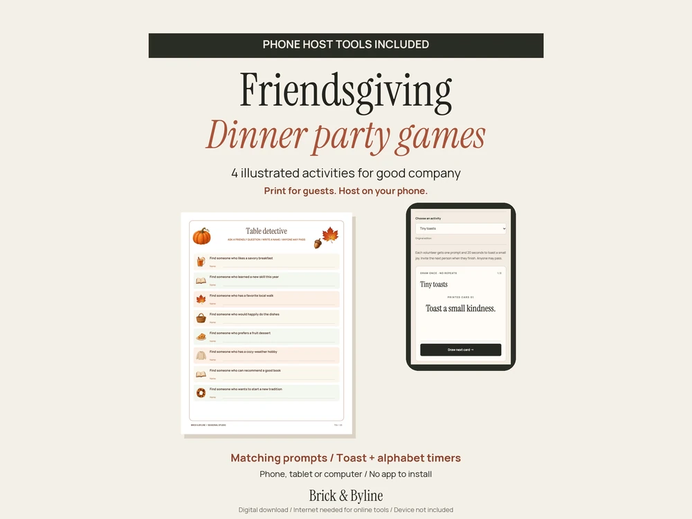 Friendsgiving printable activities beside the matching phone host tools.